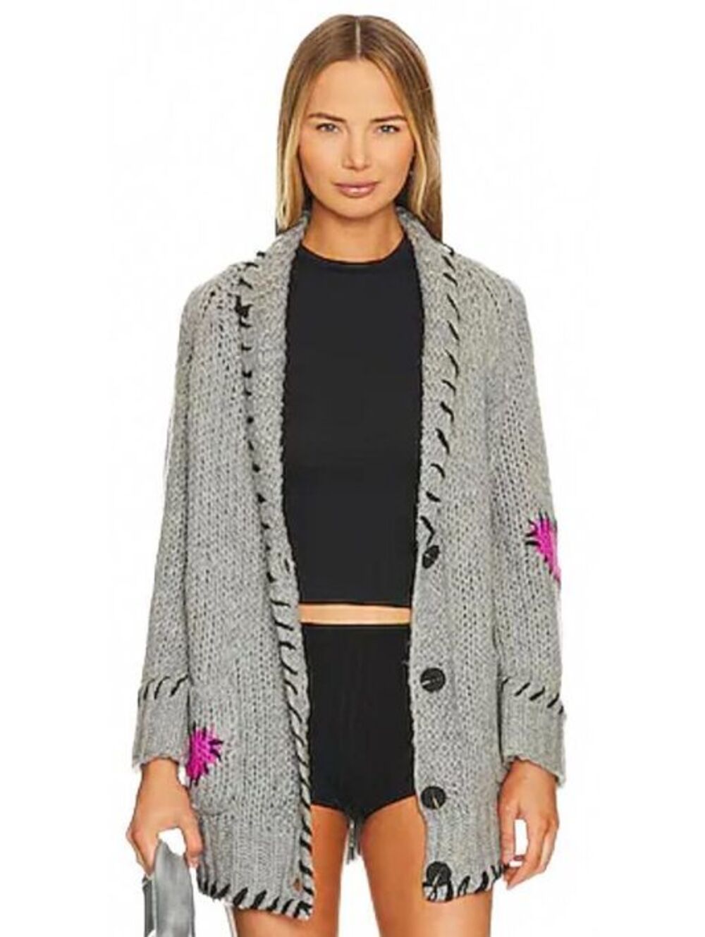 John + Jenn Amore Cardigan XS Stormy Gray Pink Heart Chunky Knit Whipstitch